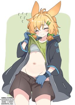 1girl absurdres ahoge animal_ears arknights black_jacket blonde_hair blue_gloves blush breasts closed_eyes clothes_lift clothes_pull commentary_request eggplant7217 gloves green_shirt highres jacket kroos_(arknights) lifting_own_clothes long_hair midriff navel pulling_own_clothes rabbit_ears rabbit_girl rhodes_island_logo_(arknights) shirt shirt_lift shorts shorts_pull solo sports_bra white_sports_bra