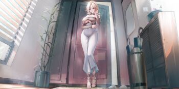1girl absurdres bare_shoulders blonde_hair blush breasts cabinet cleavage clothing_cutout commentary covered_groin covered_navel door dress feet from_below full_body grey_dress hand_in_own_hair hand_up high_heel_sandals highres indoors large_breasts large_variant_set legs light_particles long_dress long_hair long_sleeves looking_at_viewer lrrer mole mole_under_mouth multicolored_hair off-shoulder_dress off_shoulder open_door original parted_bangs parted_lips plant pointy_ears potted_plant purple_eyes rug sandals sidelocks solo standing streaked_hair thighs toes umbrella umbrella_stand underboob underboob_cutout variant_set white_streaks window window_blinds