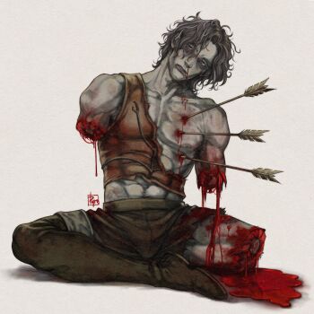 1boy abs amputee armless_amputee armor arrow_(projectile) arrow_in_body artist_name black_hair blood blood_on_arm blood_on_chest blood_on_leg boots cahara_(fear_&amp;_hunger) commentary english_commentary fear_&amp;_hunger_(series) fear_&amp;_hunger_1 full_body head_tilt highres indian_style leather_armor looking_at_viewer male_focus nosebleed parted_lips pool_of_blood pyro_cri short_hair single_thigh_boot sitting solo thigh_boots toned toned_male triple_amputee white_background