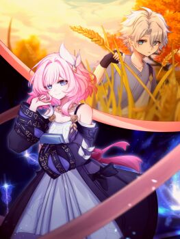 Rule 34 | 1boy, 1girl, absurdres, aged down, bare shoulders, blue eyes, blue shirt, book, breasts, chinese commentary, coat, commentary request, cyrene (aedes elysiae) (honkai: star rail), cyrene (honkai: star rail), dress, hair ornament, highres, holding, holding book, holding wheat, honkai: star rail, honkai (series), jewelry, klye1024, multicolored hair, necklace, official alternate costume, outdoors, phainon (a dream scented in wheat) (honkai: star rail), phainon (honkai: star rail), pink hair, purple coat, shirt, short hair, small breasts, two-tone hair, wheat field, white dress, white hair