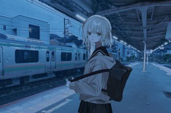 1girl absurdres backpack bag black_bag black_sailor_collar black_skirt blonde_hair blue_eyes from_side highres holding_strap hood hooded_jacket jacket long_sleeves looking_at_viewer medium_hair muted_color one_side_up original outdoors parted_lips photo_background pleated_skirt sailor_collar si_(wooupp) skirt train train_station upper_body