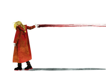 1boy absurdres ahoge black_boots black_pants blonde_hair blood_trail boots braid coat edward_elric flamel_symbol from_behind fullmetal_alchemist gloves highres hood hooded_coat long_coat pants red_coat sidelocks single_braid solo white_background white_gloves youritai