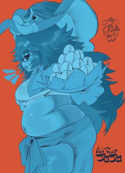 1girl animal_ears artist_name bow breasts commentary cowboy_shot elephant_ears elephant_hat fat fat_woman fate_(series) from_side glasses hair_bow highres hitthat5050 holding jinako_carigiri long_hair looking_at_viewer multiple_views navel notice_lines open_mouth orange_background sideways_mouth straight-on symbol-only_commentary thick_thighs thighs tusks twitter_username