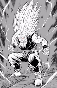 1boy aura commentary_request crack cracked_floor dragon_ball dragon_ball_super dragon_ball_super_super_hero electricity full_body gohan_beast greyscale highres lee_(dragon_garou) long_hair male_focus monochrome muscular muscular_male red_eyes smile solo son_gohan spiked_hair spot_color squatting very_long_hair wristband