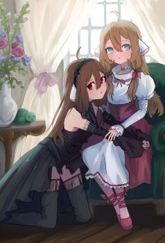 Rule 34 | :o, absurdres, ahoge, ankle strap, armchair, black arm warmers, black dress, black hairband, black thighhighs, blue eyes, breasts, broken heart, broken heart hair ornament, brown hair, chair, chest belt, chii, chii (cosplay), chobits, choker, classic lolita, closed mouth, cosplay, curtains, day, double-parted bangs, dress, evil neuro-sama, flower, flower pot, freya (chobits), freya (chobits) (cosplay), frilled dress, frilled sleeves, frills, full body, hair between eyes, hair ornament, hair ribbon, hairband, hand on another's arm, heart, heart choker, high-low dress, highres, indoors, juliet sleeves, kneeling, lace, lace-trimmed arm warmers, lace-trimmed dress, lace-trimmed hairband, lace trim, lolita fashion, long dress, long hair, long sleeves, looking at viewer, low-tied sidelocks, neck ribbon, neuro-sama, no nose, no pupils, on chair, own hands together, persocom (chobits), pink choker, pink dress, pink flower, pink ribbon, puffy sleeves, purple flower, red eyes, reivooon, ribbon, robot ears, sidelocks, sitting, skull hair ornament, sleeveless, sleeveless dress, small breasts, strappy heels, thighhighs, turtle, underbust, v-shaped eyebrows, vedal987, vedal ai, very long hair, white dress, window, zettai ryouiki