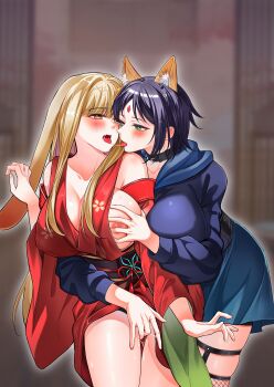 2girls absurdres alternate_breast_size_(larger) animal_ear_fluff animal_ears black_choker blonde_hair blue_hoodie blue_skirt blurry blurry_background blush breasts cho_kaguya-hime! choker commentary_request fingering forehead_jewel fox_ears grabbing_another's_breast grabbing_from_behind green_eyes groping highres hood hoodie japanese_clothes kaguya_(cho_kaguya-hime!) kimono large_breasts long_hair multiple_girls nipples one_breast_out open_mouth purple_hair pussy_juice rabbit_ears reach-around red_eyes red_kimono sakayori_iroha shenxun short_hair skindentation skirt sweat thigh_strap tongue tongue_out yuri