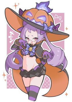 1girl :3 :d black_cape black_hat black_shorts black_thighhighs blue_bow blush border bow cape commentary cropped_legs disgaea glasses halloween hat hat_bow highres long_hair long_sleeves looking_at_viewer majorita_(disgaea) makai_senki_disgaea_5 navel open_mouth outside_border purple_background purple_bow purple_hair purple_thighhighs red_eyes short_shorts shorts smile solo striped_clothes striped_thighhighs suaman thick_eyebrows thighhighs twintails white_border