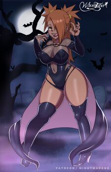 aged_up akimichi_chouchou artist_name black_boots black_cape black_eyeshadow black_leotard black_lips black_nails black_panties black_sleeves boots boruto:_naruto_next_generations breasts brown_hair cape collarbone dark-skinned_female dark_skin detached_sleeves eyelashes eyeshadow fingernails full_body hair_over_one_eye half-closed_eyes hands_up high_heel_boots high_heels large_breasts leotard lips lipstick long_fingernails long_hair makeup moon nail_polish naruto_(series) naughty_face night night_sky nightmare_hdraw open_mouth outdoors panties purple_cape sky smile standing thigh_boots thighs two-tone_cape two_side_up underwear variant_set waist_cape wide_hips yellow_eyes