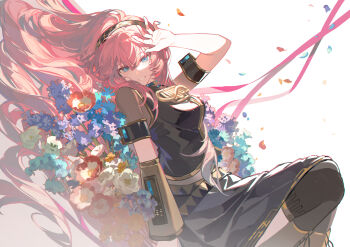 1girl absurdres armlet belt black_thighhighs blue_eyes blue_flower boots commentary english_commentary falling_petals flower gold_trim hairband highres jewelry kazenemuri lace-up_boots long_hair looking_at_viewer lying megurine_luka on_back petals pink_hair purple_flower ribbon see-through_clothes see-through_sleeves smile solo thighhighs triangle_print very_long_hair vocaloid white_flower yellow_flower