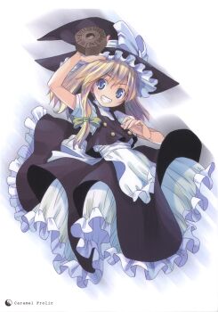 1girl absurdres apron blonde_hair blue_eyes bow female_focus frills hair_bow hair_ornament hat hat_ribbon highres kirisame_marisa long_hair mini-hakkero pop puffy_sleeves ribbon scan shirt short_sleeves simple_background skirt skirt_set smile solo touhou vest waist_apron white_background witch_hat