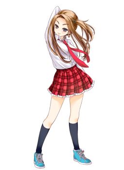 1girl black_eyes black_socks blue_shoes brown_hair earrings full_body girlfriend_(kari) jewelry looking_at_viewer miniskirt necktie official_art ogawa_yui_(girlfriend_(kari)) plaid_clothes plaid_skirt pleated_skirt qp:flapper red_necktie red_skirt school_uniform shirt shoes simple_background skirt smile sneakers socks solo thighs transparent_background white_shirt