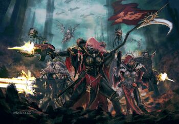 3girls adepta_sororitas armor artist_name baloolax cherub_(warhammer) eyepatch gun highres holding holding_gun holding_scythe holding_weapon hololive hololive_english hood irys_(hololive) koseki_bijou mori_calliope multiple_girls pink_hair power_armor purity_seal scythe servo-skull virtual_youtuber warhammer_40k weapon