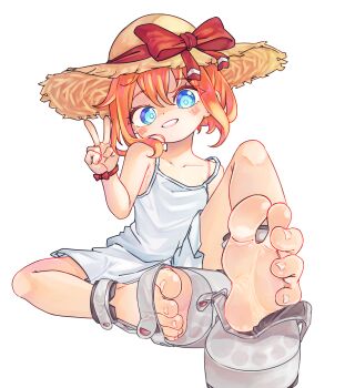 1girl arm_up barefoot blue_eyes blush bow breasts chaosexceed collarbone dress feet foot_focus foreshortening full_body hat hat_bow head_tilt highres looking_at_viewer no_shoes orange_hair original platform_sandals red_bow red_ribbon ribbon sandals short_hair simple_background sitting small_breasts smile solo sun_hat sundress toenails v white_background white_dress white_sandals wrist_ribbon