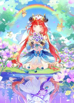 Rule 34 | 1girl, aranara (genshin impact), blue dress, blue gemstone, blue skirt, bouquet, closed eyes, closed mouth, commentary, day, dress, english commentary, fake horns, flower, gem, genshin impact, gold trim, highres, hina cassiopeia, holding, holding bouquet, horns, long hair, long sleeves, nilou (breeze of sabaa) (genshin impact), nilou (genshin impact), official alternate costume, outdoors, puffy long sleeves, puffy sleeves, rainbow, red hair, reflection, sitting, skirt, smile, solo, veil, very long hair, wariza, water, white veil