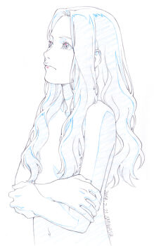 1girl breasts censored censored_nipples closed_mouth commentary_request crossed_arms dated eyelashes graphite_(medium) greyscale hair_censor highres light_frown lips long_hair looking_ahead monochrome navel nostrils original pointy_nose realistic shiwasu_takashi signature simple_background small_breasts solo topless_female traditional_media upper_body wavy_hair white_background