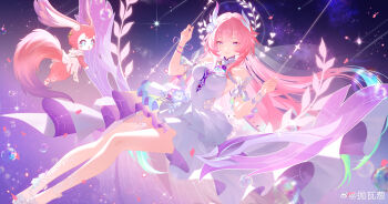 1girl absurdres armlet bare_legs bare_shoulders breasts cyrene_(honkai:_star_rail) cyrene_(ripples_of_past_reverie)_(honkai:_star_rail) dress dual_persona flower hair_flower hair_ornament highres honkai:_star_rail honkai_(series) jewelry legs long_hair looking_at_viewer medium_breasts mem_(honkai:_star_rail) missing_commentary on_swing pao_wa_cong parted_lips pink_hair purple_eyes purple_flower purple_rose rose smile solo swing thighs very_long_hair white_dress