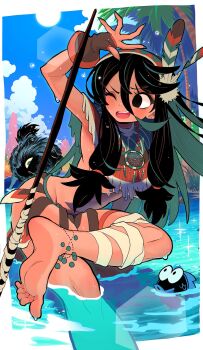 1girl animal arm_up bandaged_leg bandages barefoot beads black_eyes black_hair blue_hair blue_sky blush breast_curtains breasts cloud commentary_request crop_top day dreamcatcher eyelashes feathers feet fish gashi-gashi highres large_breasts long_hair multicolored_hair native_american one_eye_closed open_mouth original outdoors sidelocks sitting sky solo sparkle thigh_strap very_long_hair water wet wolf