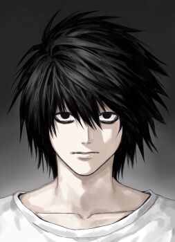 1boy bags_under_eyes black_background black_eyes black_hair closed_mouth collarbone death_note gradient_hair hair_between_eyes highres l_(death_note) lips male_focus multicolored_hair portrait shirt short_hair solo sso_s two-tone_background white_background white_shirt