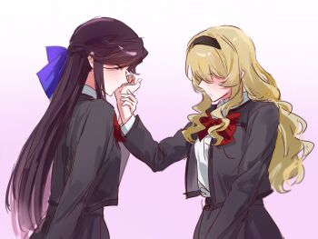 Rule 34 | 2girls, black hairband, blonde hair, blush, bow, bowtie, brown hair, closed mouth, collared shirt, gradient background, grey jacket, grey skirt, hair ribbon, hairband, highres, holding another's wrist, jacket, kiss, kissing hand, long hair, multiple girls, nirvana (w688348960), pink background, purple eyes, purple ribbon, red bow, red bowtie, ribbon, saijou claudine, seishou music academy uniform, shirt, shoujo kageki revue starlight, skirt, tendou maya, white background, white shirt, yuri