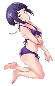 1girl absurdres ass audio_jack bikini boku_no_hero_academia breasts cleavage highres jiro_kyoka kobaji long_earlobes looking_at_viewer purple_bikini purple_eyes purple_hair purple_nails short_hair small_breasts swimsuit
