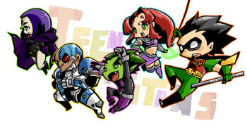 2girls 3boys alien beast_boy_(dc) black_hair bodysuit boots cape cartoon_network chibi cloak colored_skin copyright_name cyborg cyborg_(dc) dark_skin dc_comics dick_grayson domino_mask escrima_stick eye_mask flying garfield_logan gloves green_eyes green_hair green_skin leotard mask midriff multiple_boys multiple_girls purple_hair raven_(dc) red_hair robin_(dc) rope skirt smile starfire teen_titans thigh_boots thighhighs victor_stone