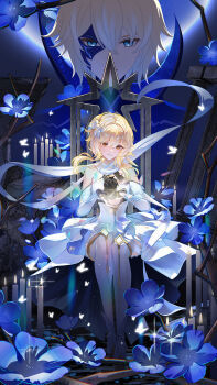 Rule 34 | 1boy, 1girl, absurdres, bare shoulders, black gloves, black mask, blonde hair, blue eyes, blue mask, boots, candle, closed mouth, commentary, dainsleif (genshin impact), detached sleeves, dress, english commentary, eye mask, facing viewer, feather hair ornament, feathers, floating scarf, flower, full body, genshin impact, gloves, hair between eyes, hair flower, hair ornament, half eye mask, highres, holding, implied hetero, lumine (genshin impact), mask, mystical high collar, partially fingerless gloves, renee (pixiv111596205), scarf, short hair, short hair with long locks, sitting, sitting on throne, smile, thigh boots, throne, white boots, white dress, white flower, white scarf, yellow eyes