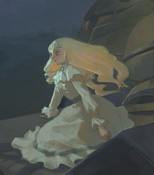 1girl absurdres blonde_hair blue_eyes commentary_request dress gundam highres kihel_heim long_hair long_sleeves mecha psyche_1205 robot sitting solo sumo_(mobile_suit) turn_a_gundam white_dress