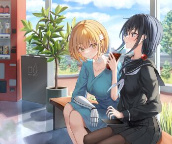 2girls bench black_eyes black_hair black_serafuku blonde_hair breasts brown_eyes cup disposable_cup drinking_straw hair_ornament highres medium_breasts medium_hair multiple_girls original piripun plant potted_plant prosthesis prosthetic_arm recycling school_uniform serafuku shared_drink short_hair sitting slice_of_life small_breasts smile soda sunlight sweatdrop vending_machine