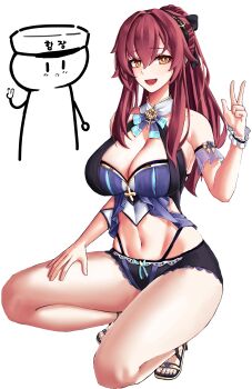 1boy 1girl absurdres bare_legs bare_shoulders bikini black_bikini black_footwear breasts captain_(honkai_impact) cleavage denim denim_shorts doodle_inset eden_(flowing_rhyme)_(honkai_impact) eden_(honkai_impact) hair_ornament hand_on_own_thigh high_heel_sandals highleg highleg_swimsuit highres honkai_(series) honkai_impact_3rd large_breasts long_hair looking_at_another looking_at_viewer midriff navel official_alternate_costume pyeong_il red_hair sandals shorts squatting swimsuit very_long_hair w white_background yellow_eyes