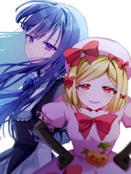 Rule 34 | 2girls, bent over, beret, bib collar, black dress, black gloves, blonde hair, blue bow, blue bowtie, blunt bangs, blunt ends, blurry, blurry foreground, bow, bowtie, breasts, closed mouth, collarbone peek, commentary, dot nose, dress, elbow gloves, expressionless, eyelashes, floating hair, frederica bernkastel, frilled sleeves, frills, gloves, gothic lolita, hair bow, hands on own hips, hat, hat bow, highres, hime cut, jack-o'-lantern, lambdadelta, layered dress, layered sleeves, leaf, light blush, lolita fashion, long hair, long sleeves, looking at viewer, looking to the side, multiple girls, multiple hair bows, open mouth, pink dress, pink hat, puffy short sleeves, puffy sleeves, purple eyes, purple hair, red bow, red eyes, short hair, short sleeves, small breasts, smug, szmymsz, twitter username, umineko no naku koro ni, v-shaped eyebrows, white background, white dress, witch