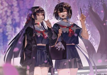 2girls abby_(wuthering_waves) absurdres alternate_costume arm_cutout artist_name bag bag_charm black_choker black_hair black_jacket black_serafuku black_shirt black_skirt blurry blurry_foreground breasts charm_(object) chisa_(wuthering_waves) choker closed_eyes clothing_cutout commentary eating english_commentary female_rover_(wuthering_waves) food food_in_mouth hair_ribbon highres jacket leppib long_hair long_sleeves looking_at_another medium_breasts multiple_girls neckerchief open_mouth pocky pocky_in_mouth red_neckerchief red_ribbon revision ribbon rover_(wuthering_waves) sailor_collar school_bag school_uniform serafuku shirt skirt smile tacet_mark_(wuthering_waves) very_long_hair white_sailor_collar wuthering_waves