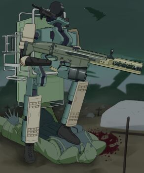 1boy aa-12 android armor assault_rifle backpack bag bleeding blood blood_on_ground blood_splatter drum_magazine dystopia gun gunhead_(the_forever_winter) highres holding holding_gun holding_weapon humanoid_robot joints magazine_(weapon) male_focus mechanical_arms mechanical_legs military rifle robot robot_joints science_fiction shotgun the_forever_winter trigger_discipline user_ahhc5733 weapon