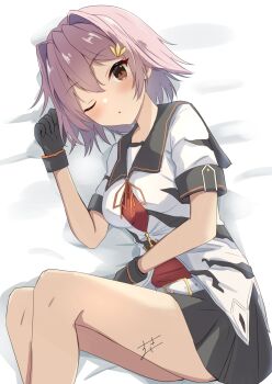 1girl absurdres animal_print black_gloves black_sailor_collar black_skirt feet_out_of_frame gloves hair_intakes highres kantai_collection lying on_side one_eye_closed pink_hair pleated_skirt red_eyes sailor_collar sailor_shirt school_uniform serafuku shirt short_hair short_sleeves skirt solo sukimizaki tama_(kancolle) tama_kai_ni_(kancolle) tiger_print two-tone_shirt white_shirt