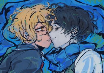 Rule 34 | 2boys, black hair, black suit, blonde hair, blue scarf, closed eyes, closed mouth, collared shirt, commentary, demian (project moon), english commentary, formal clothes, from side, highres, kickthat can, limbus company, looking at another, male focus, multiple boys, necktie, project moon, red necktie, scarf, shirt, short hair, sinclair (project moon), smile, suit, upper body, white shirt, yellow eyes