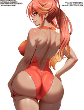 1girl aramyx ass backless_swimsuit bare_back blonde_hair breasts closed_mouth commentary eiyuu_densetsu english_commentary english_text green_eyes hair_between_eyes judith_lanster kuro_no_kiseki_(series) kuro_no_kiseki_i large_breasts long_hair looking_at_viewer looking_back multicolored_hair one-piece_swimsuit orange_hair orange_one-piece_swimsuit ponytail sidelocks simple_background smile solo streaked_hair swimsuit tan twitter_username two-tone_hair upper_body watermark web_address white_background