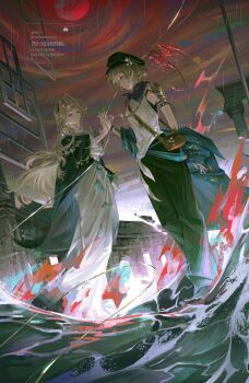 2girls absurdres armor bag beryl_bouanich black_cloak black_hat black_pants blonde_hair blue_coat blue_eyes blue_neckerchief brown_bag brume_(reverse:1999) cloak coat crescent crescent_earrings cropped dress earrings eye_contact face-to-face floating_earrings full_body hand_up hat highres holding_hands jewelry long_dress long_hair looking_at_another multiple_girls neckerchief newsboy_cap off_shoulder pants red_sky reverse:1999 rubble short_hair shoulder_armor shoulder_bag sky string tank_top volcanoyyy wading water watermark white_dress white_tank_top