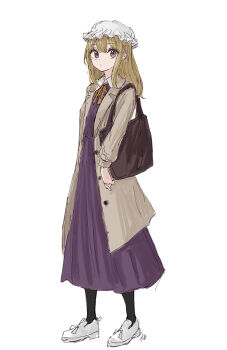 Rule 34 | 1girl, bag, black socks, blonde hair, brown bag, buttons, coat, collared dress, commentary, commentary request, contrast collar, dress, hair between eyes, handbag, hat, highres, kashiwada kiiho, long dress, looking at viewer, maribel hearn, medium hair, mob cap, neck ribbon, purple dress, purple eyes, ribbon, shoes, signature, socks, solo, standing, touhou, white coat, white hat, white shoes, yellow ribbon