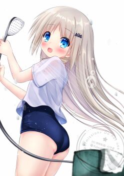 Rule 34 | 1girl, ass, blue eyes, blue one-piece swimsuit, bucket, commentary request, from behind, grey hair, highres, kudpoid (71139), little busters!, long hair, looking at viewer, noumi kudryavka, one-piece swimsuit, open mouth, school swimsuit, shirt, shower head, simple background, solo, swimsuit, swimsuit under clothes, t-shirt, white background, white shirt
