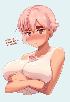 1futa absurdres asuka_(taylormoon) blush breasts futanari highres holding_breasts huge_penis large_breasts nude original penis paizuri pink_hair saliva saliva_trail short_hair solo tan tanline taylormoon tears thick_eyebrows