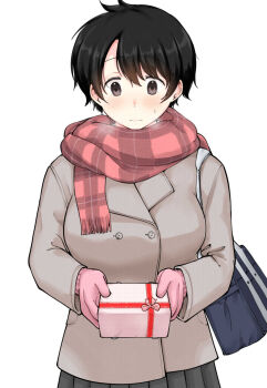 Rule 34 | 1girl, bag, black hair, black skirt, breasts, brown coat, brown eyes, buttons, closed mouth, coat, commentary request, cowboy shot, double-breasted, gift, gloves, highres, holding, holding gift, large breasts, light blush, meika-san wa oshikorosenai, oka miyako, pink gloves, plaid clothes, plaid scarf, pleated skirt, red scarf, saitou shouki, scarf, school bag, short hair, simple background, skirt, solo, sweat, white background