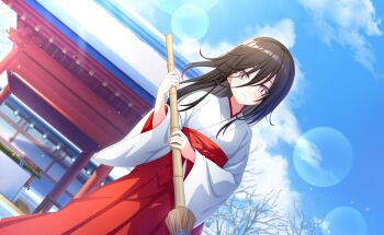 1girl architecture bamboo_broom black_hair blue_sky blush broom closed_mouth cloud cloudy_sky commentary_request day dutch_angle full_moon game_asset hair_between_eyes hakama hakama_skirt highres holding holding_broom japanese_clothes karasumori_daikoku kimono lens_flare letterboxed long_hair long_sleeves looking_at_viewer miko moon non-web_source official_art outdoors railing red_eyes red_hakama self-datamine shrine skirt sky smile solo standing sun torii tree white_kimono wide_sleeves world_dai_star