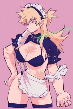 1girl :< absurdres apron bakugou_katsuki bibiri_(r42r98r) bikini black_bikini black_hairband black_shrug black_thighhighs blonde_hair boku_no_hero_academia commentary_request cosplay_request cropped_legs frilled_sleeves frills genderswap genderswap_(mtf) gold_buttons groin hairband highres long_hair looking_down maid maid_apron maid_bikini maid_headdress multiple_scars pink_background puffy_short_sleeves puffy_sleeves red_eyes scar scar_on_arm scar_on_chest short_sleeves shrug_(clothing) signature solo spiked_hair swimsuit thighhighs tsurime twisted_torso unconventional_maid white_headdress