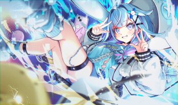 1girl ahoge akichazuke black_choker blue_eyes blue_hair blue_shirt braid choker hair_flaps hair_ornament highres hololive hololive_dev_is jacket lightning_ahoge long_hair looking_at_viewer mizumiya_su multicolored_hair o-ring open_mouth pink_hair shirt smile solo streaked_hair twin_braids virtual_youtuber