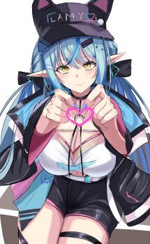 1girl absurdres black_hat black_jacket black_shorts blue_hair blue_nails breasts cleavage closed_mouth commentary_request elf four-finger_heart_hands hat heart heart_hands highres hololive jacket kurogomatcha large_breasts long_hair looking_at_viewer nail_polish official_alternate_costume pointy_ears shirt shorts smile solo thigh_strap very_long_hair virtual_youtuber white_shirt yellow_eyes yukihana_lamy yukihana_lamy_(cyber)