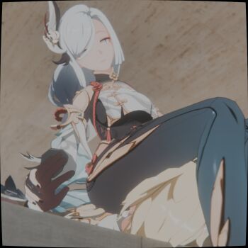 Rule 34 | 1boy, 1girl, 3d, aether (genshin impact), assertive female, b-banto, black cape, blonde hair, blue scarf, bodysuit, brown gloves, cape, day, face in ass, femdom, from below, genshin impact, gloves, hair ornament, hand on another's hand, head between thighs, highres, holding hands, long hair, scarf, self-upload, shenhe (genshin impact), sitting, sitting on face, sitting on person, smother, thighs, white hair
