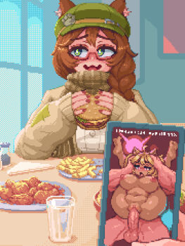 1girl ahoge animal_ear_fluff averting_eyes blonde_hair blush braid breasts brown_hair burger commentary cup dark-skinned_female dark_skin double-parted_bangs drinking_glass ears_through_headwear english_commentary food french_fries glasses green_eyes green_hat hair_over_shoulder hat hdoomguy highres holding holding_burger holding_food holding_phone indie_virtual_youtuber indoors juxtaposition large_breasts mint_castella mint_castella_(gyaru) mint_castella_(winter) nipples official_alternate_costume open_mouth penis phone pixel_art plate pov scarf semi-rimless_eyewear sex single_braid sleeves_past_wrists solo_focus testicles under-rim_eyewear v vaginal virtual_youtuber wavy_mouth