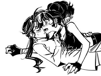 2girls an-an_lee bare_shoulders blush choker closed_eyes closed_mouth commentary_request earrings fingerless_gloves gloves greyscale hand_on_another's_waist heads_together highres hoop_earrings jewelry kani_(kaniya) liang_yue_(reverse:1999) long_hair low_twintails lying lying_on_person monochrome multiple_girls on_back on_stomach open_mouth ponytail profile reverse:1999 shirt tank_top twintails upper_body white_background yuri