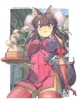 1girl animal_ears blush breasts brown_hair bun_cover china_dress chinese_clothes chinese_food clothing_cutout commentary_request dated double_bun dress elbow_gloves eyewear_on_head fingernails floral_print food fox_ears fox_girl fox_tail frilled_sleeves frills from_below gloves hair_bun highres industrial_pipe large_breasts long_fingernails long_hair looking_at_viewer making-of_available marker_(medium) meiz original outdoors painting_(medium) pink_dress pink_gloves pink_nails puffy_sleeves road shikishi short_dress shoulder_cutout single_glove skindentation solo steamed_bun steaming_food street tail thighhighs traditional_media tray twintails watercolor_(medium) yellow_eyes yellow_trim