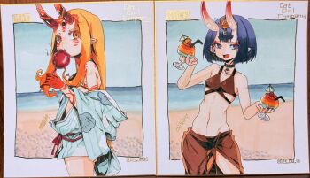 2girls asagirimao beach bikini blonde_hair breasts candy_apple choker comiket_106 drink eyeliner fate/grand_order fate_(series) food highres horizon horns ibaraki_douji_(fate) long_hair makeup marker_(medium) multiple_girls navel ocean oni orange_eyes orange_hair purple_eyes purple_hair shikishi short_hair shuten_douji_(fate) skin-covered_horns small_breasts swimsuit traditional_media