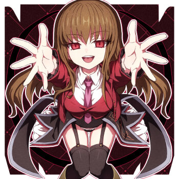 Rule 34 | black thighhighs, breasts, brown hair, commentary, foreshortening, frills, garter straps, gold trim, jacket, large breasts, long hair, looking at viewer, mammon (umineko), necktie, outstretched arms, pink necktie, red eyes, red jacket, red vest, shirt, showgirl skirt, skirt, smile, stakes of purgatory, symbol-only commentary, thighhighs, thighs, umibenokurage, umineko no naku koro ni, vest, white shirt, zettai ryouiki